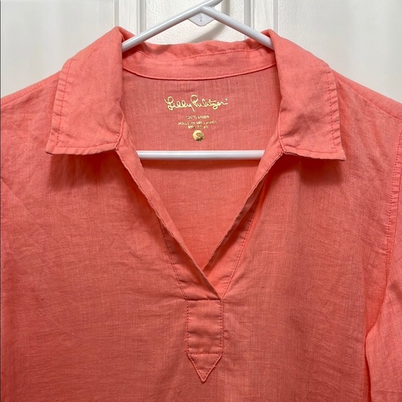 Lilly Pulitzer 100% Linen Salmon Pink Collared Long Sleeve Blouse - Size Small - Picture 4 of 13